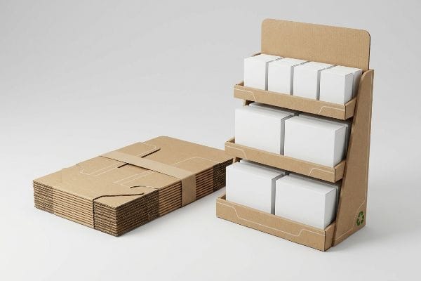A corrugated cardboard display stand filled with white boxes, alongside flat-pack units, highlighting its curbside recyclability for retail merchandising.