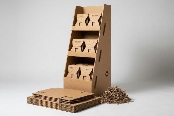 Eco-Friendly Cardboard Display Corrugated cardboard retail display stand with 'Water Based' product boxes, flat-packed sheets, and shredded packaging, highlighting sustainability.