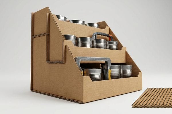 Corrugated Display Box Strength A sturdy corrugated cardboard display box holds multiple silver cans across three tiers, demonstrating its capacity for heavy products, with a corrugated material cross-section shown.