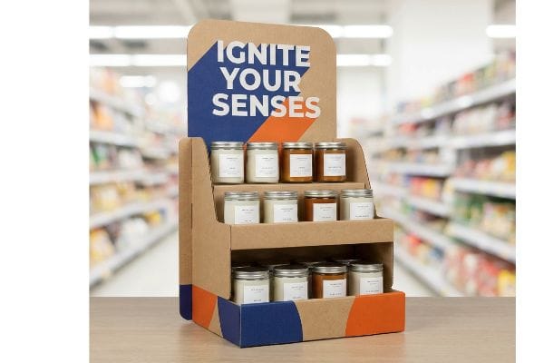 Expositor de papelão ondulado Kraft para velas, com 12 potes, cabeçalho "Acenda seus sentidos" e detalhes em azul e laranja.