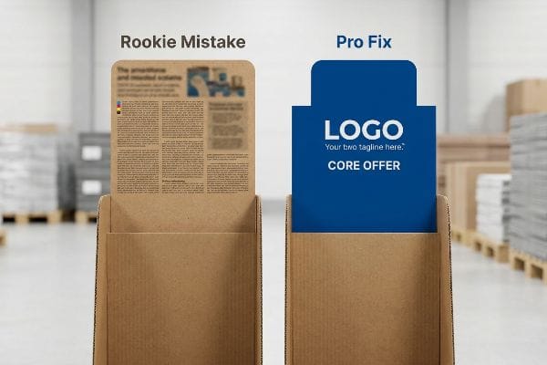 Rookie Mistake Pro Fix Corrugated displays show packaging design: 'Rookie Mistake' with dense text versus 'Pro Fix' with bold blue 'Logo' and 'Core Offer' panel.