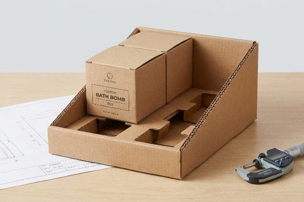 Bath Bomb Box Display Corrugated display tray with Pardial Custom Bath Bomb Boxes, a blueprint, and a digital micrometer for precise measurement.