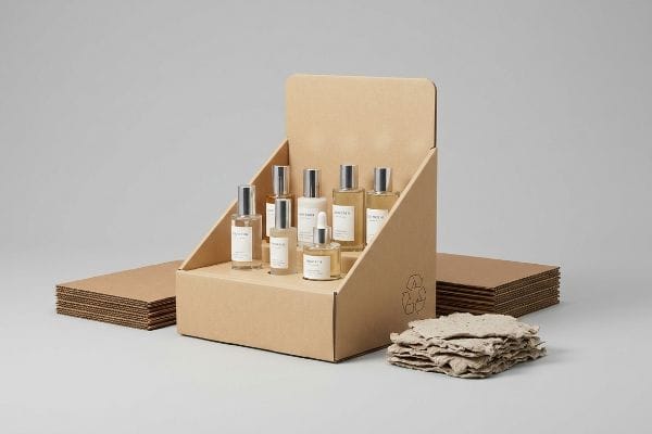 Brown corrugated cardboard display stand with eight small clear glass bottles, a recycling symbol, and stacks of flat cardboard sheets, highlighting mono-material recyclability.