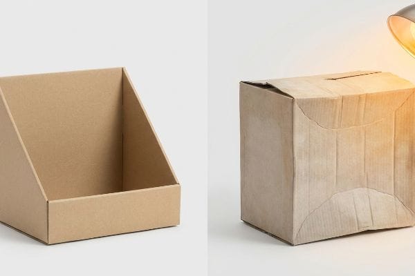 Two brown corrugated cardboard boxes: an empty retail display and a closed shipping box.