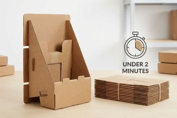 Fast Display Stand Assembly Assembling a corrugated cardboard display stand in Under 2 Minutes, alongside a stack of flat-packed retail displays.