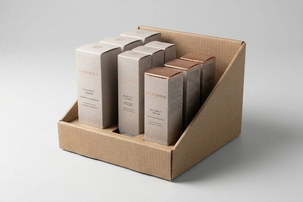Dr. Behali Display A corrugated cardboard retail display presents Dr. Behali cosmetic boxes, some with copper tops, for Stamina V Cream.