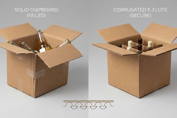 Solid Chipboard (Failed) box with loose bottles next to a Corrugated E-Flute (Secure) box with dividers, illustrating superior packaging for bottles.