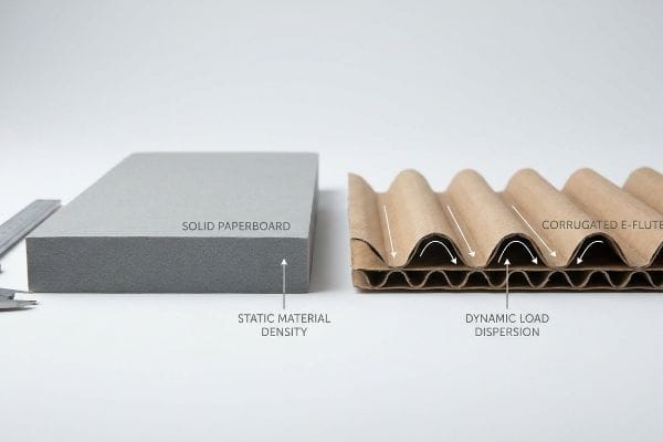 A side-by-side comparison shows Solid Paperboard with Static Material Density next to Corrugated E-Flute demonstrating Dynamic Load Dispersion.