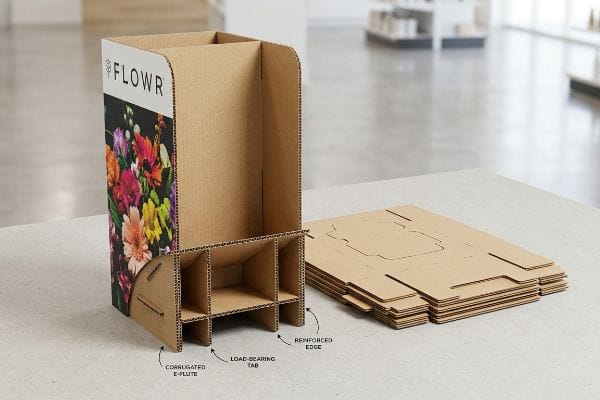 Assemblage de présentoirs de point de vente en carton ondulé Un présentoir de point de vente FLOWR personnalisé en carton ondulé de type E, partiellement assemblé avec des languettes porteuses et des bords renforcés, à côté de composants emballés à plat.
