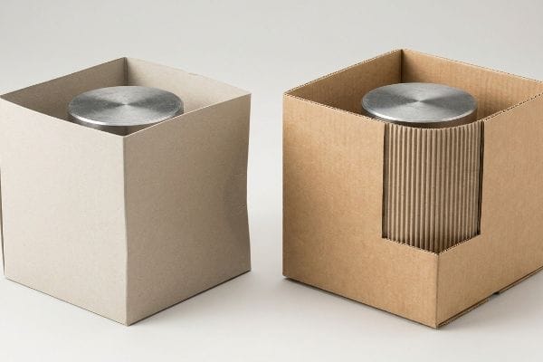 Fluted Box Structural Rigidity Solid chipboard box contrasted with corrugated box, showing internal E-flute fluting for structural rigidity.