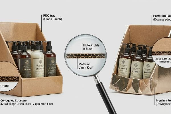 Corrugated Tray Comparison Corrugated PDQ trays comparison: 32ECT B-flute Virgin Kraft with Gloss Finish vs. 26ECT Recycled Liner with Premium Foil, holding shampoo bottles.