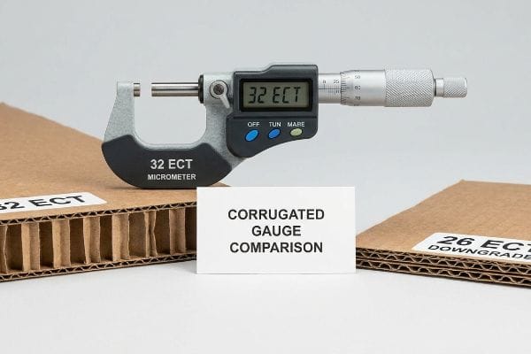 Corrugated Gauge Comparison Micrometer measuring 32 ECT corrugated board, comparing it to 26 ECT downgrade samples, with a 'Corrugated Gauge Comparison' sign.