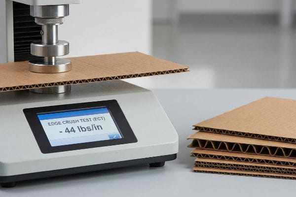 A machine conducts an Edge Crush Test (ECT) on corrugated board, displaying -44 lbs/in. Stacked corrugated sheets are visible.