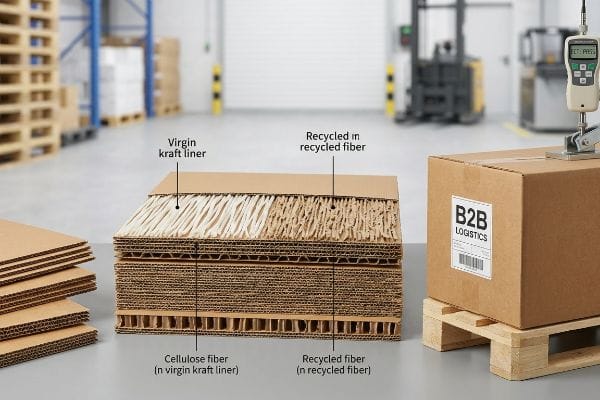 Corrugated cardboard cross-section showing virgin kraft liner, recycled fiber, cellulose fiber, and a B2B Logistics box with an ECT Press.