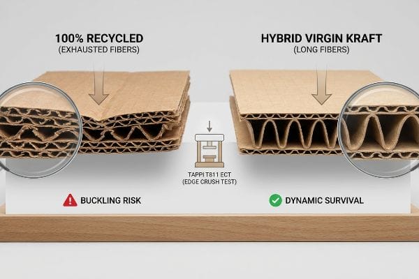 Corrugated board comparison: 100% Recycled (Exhausted Fibers) shows Buckling Risk, Hybrid Virgin Kraft (Long Fibers) shows Dynamic Survival in Tappi T811 ECT.