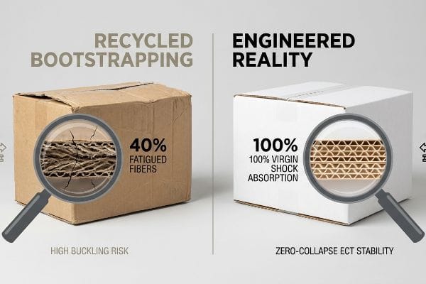 Engineered Corrugated Packaging Comparison Corrugated packaging comparison highlighting Recycled Bootstrapping with 40% fatigued fibers and high buckling risk, contrasted with Engineered Reality featuring 100% virgin shock absorption and zero-collapse ECT stability.