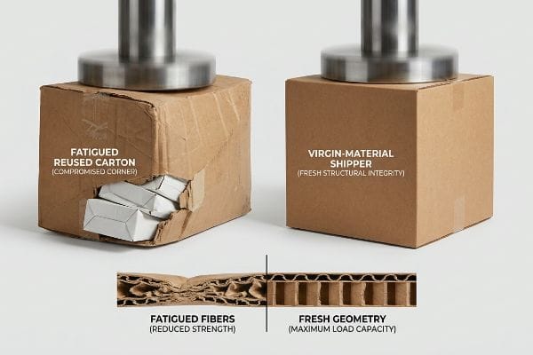 Fatigued Reused Carton with a Compromised Corner and crushed internal boxes compared to a Virgin-Material Shipper with Fresh Structural Integrity, alongside cross-sections of Fatigued Fibers and Fresh Geometry.