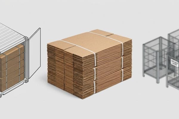 Láminas de cartón corrugado marrón, empaquetadas en plano y sujetas con flejes blancos, están apiladas junto a un contenedor de envío abierto lleno de más expositores empaquetados en plano, lo que pone de manifiesto la eficiencia de la logística.