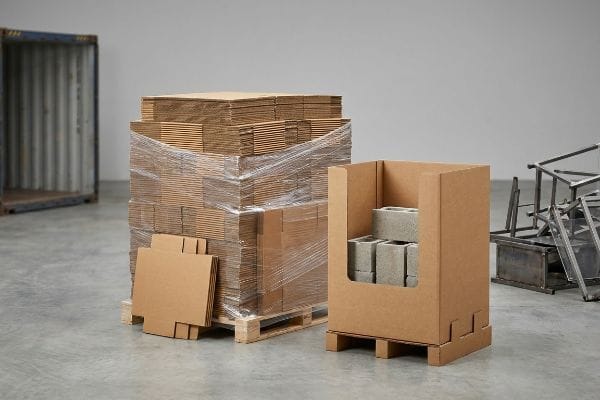 Densidad de carga de embalaje plano de cartón corrugado Láminas de cartón corrugado desmontadas sobre un palé junto a una unidad de distribución de carga ensamblada que contiene bloques de hormigón, lo que demuestra la densidad de carga.