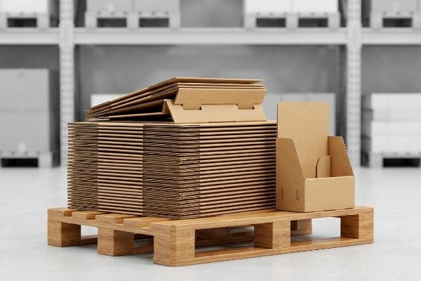 Natural brown corrugated cardboard flat-pack boxes and an assembled display unit on a wooden pallet in a warehouse.