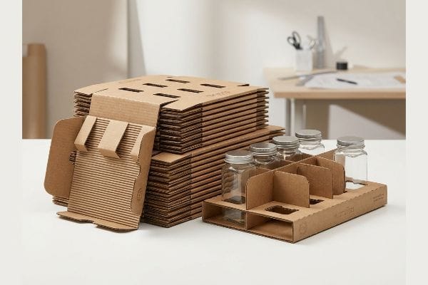 Natural brown micro-fluted corrugated cardboard flat-pack dividers stacked beside an assembled tray with clear glass spice jars.