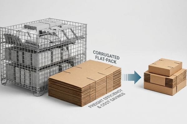 Flat-Pack Freight Savings Flat-packed corrugated cardboard sheets next to a wire cage of bulky items, demonstrating Corrugated Flat-Pack for Freight Efficiency & Cost Savings.