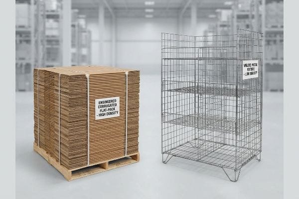 Engineered corrugated flat-pack high-density sheets on a pallet contrasting with a welded metal fixture low-density display.