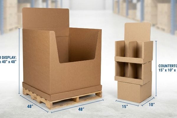 Corrugated Display Dimensions Two corrugated cardboard displays: a 48x48 inch Floor Display on a GMA pallet and a 15x10 inch Countertop Display.