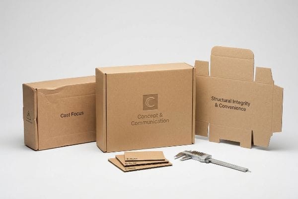 Packaging Four C's Corrugated cardboard boxes showcasing Cost Focus, Concept & Communication, and Structural Integrity & Convenience, with flute samples and a caliper.