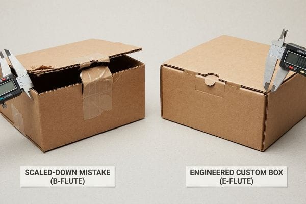 Corrugated Flute Comparison Brown corrugated boxes: a Scaled-Down Mistake B-Flute with taped flap, contrasted with an Engineered Custom Box E-Flute, both measured by digital calipers.