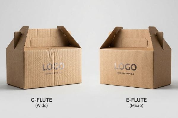 Corrugated Flute Comparison Brown corrugated C-Flute (Wide) and E-Flute (Micro) gable boxes, both featuring a 'Logo Premium Printed' design.