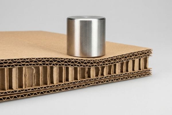 A brushed metal cylinder sits on a multi-layered corrugated cardboard cross-section, showcasing its internal fluted geometry and structural strength.