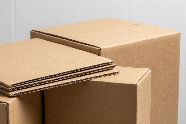Anordnung von braunen Wellpappkartons und gestapelten flachen Bogen, die die geriffelte Mittelschicht für eine stabile Verpackung freilegen.