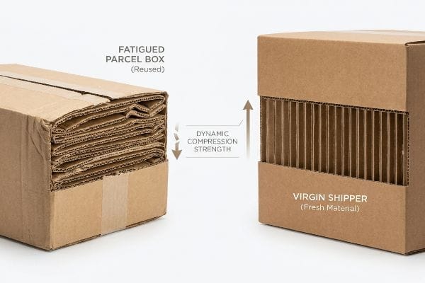 Fatigued vs Virgin Shipper Corrugated cardboard comparison: a Fatigued Parcel Box (Reused) with crushed fluting and a Virgin Shipper (Fresh Material) showing superior Dynamic Compression Strength.
