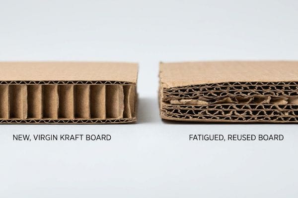 Virgin vs Fatigued Board New, Virgin Kraft Board with intact corrugated flutes contrasted with Fatigued, Reused Board showing crushed structural integrity.