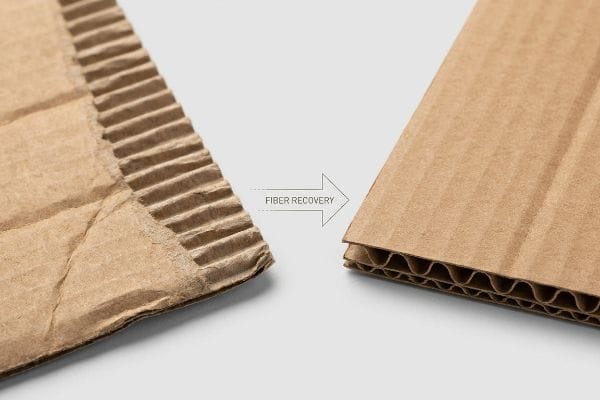 Fatigue to Fiber Recovery Close-up of crumpled, fatigued corrugated board next to a pristine piece, with a 'Fiber Recovery' arrow.