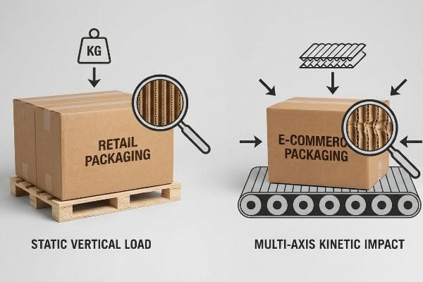 Packaging Load Differences Intact corrugated flutes in retail packaging under static load versus fatigued flutes in e-commerce packaging from multi-axis impact.