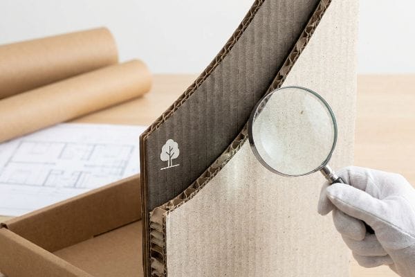 Gloved hand magnifies corrugated cardboard flutes with a tree icon, inspecting fiber integrity.
