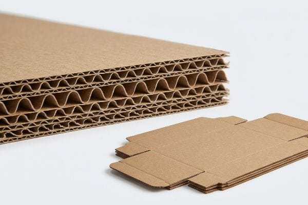 Paquete plano de cartón ondulado Láminas de cartón corrugado microcanalado apiladas, que dejan ver los perfiles de canal E y canal B, junto con cajas planas para un envío eficiente.