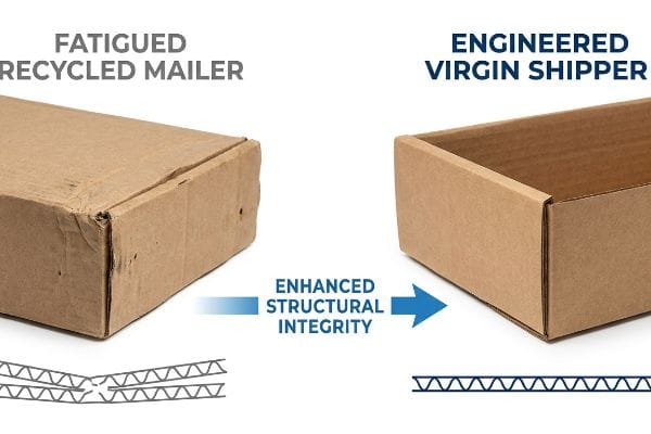 Packaging Structural Integrity Brown corrugated boxes illustrate a Fatigued Recycled Mailer with broken flutes versus an Engineered Virgin Shipper, highlighting Enhanced Structural Integrity.