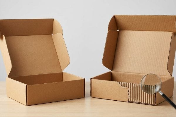 Brown corrugated boxes, one with a magnifying glass highlighting its internal fluted arch system, contrasting with unfluted carton.