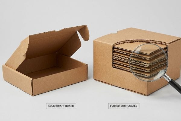 Solid Kraft Board box next to a Fluted Corrugated box with a magnifying glass showing internal fluted arches.