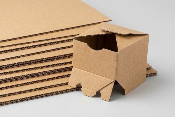 Partially assembled die-cut corrugated cardboard box with visible flute profiles stacked beside flat sheets, illustrating packaging materials.