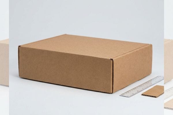 Virgin brown corrugated mailer box, with a metal ruler and a small corrugated flute sample for scale.