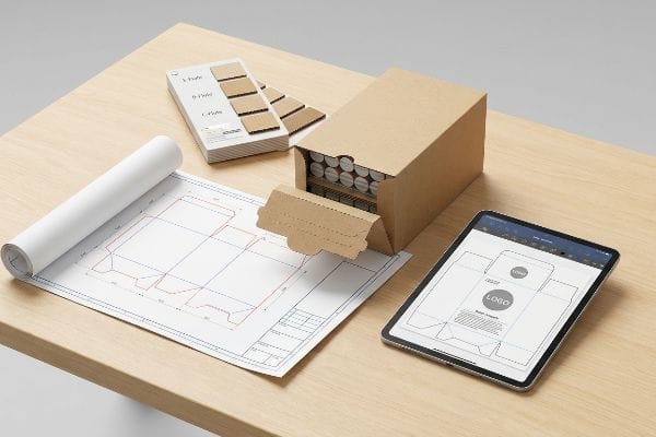 ワークステーションには、Aフルート、Bフルート、Cフルートの段ボールサンプル、パッケージ設計図、およびデジタル構造テンプレートがタブレット上に表示されている。.