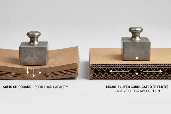 Solid chipboard's poor load capacity shown bowing under weight, contrasted with Micro-Fluted Corrugated (E-Flute) active shock absorption.
