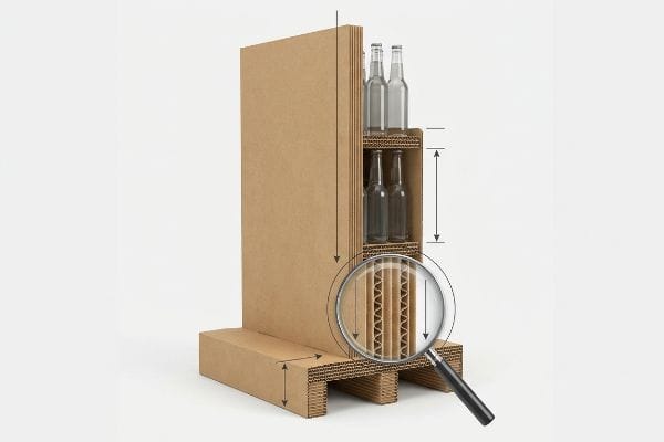 Corrugated Flute Strength Display Corrugated cardboard display cross-section with vertical flutes, holding bottles, magnified to show internal wavy structure for strength.