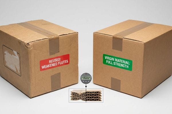 Corrugated Flute Strength Test Brown corrugated boxes illustrate the difference between Reused: Weakened Flutes and Virgin Material: Full Strength, with an inset showing crushed and intact flutes and a Compressive Strength gauge.