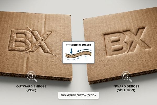 Corrugated cardboard shows Outward Emboss (Risk) with damaged 'BX' vs. Inward Deboss (Solution) for structural strength.
