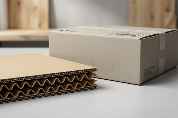 Die mehrschichtige Wellenstruktur der Wellpappe wird neben einem versiegelten Versandkarton sichtbar, was die Stabilität der Verpackung verdeutlicht.